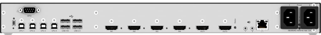 Draco Multiview 4K60 unit displaying various input/output ports and buttons on its front panel. Displaying multiple video sources on one screen.