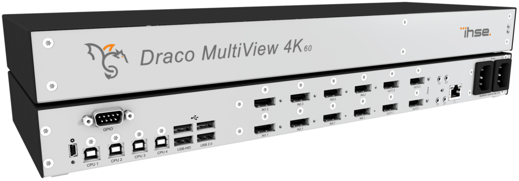 The image showcases The Draco MultiView 4K60 and the U-Switch , featuring a standalone console with two boxes. Its outer part is sleek black, while the front section, housing all the USB ports and connectors, is silver.