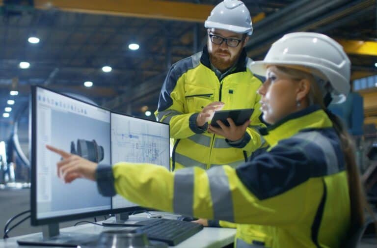 Business executives wearing safety gear reviewing operational data and digital dashboards in an industrial facility control room.