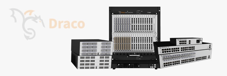 Three black and gray IHSE products are displayed in front of a white background with the Draco tera logo watermark. All three devices, the Draco tera enterprise, Draco tera flex and Draco tera compact, are displayed with their ports facing forward.