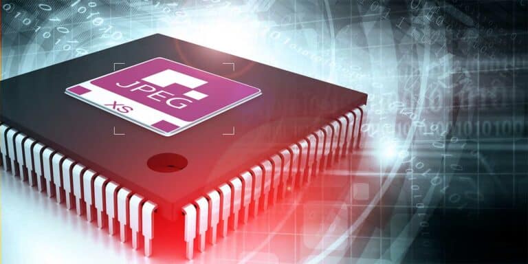 An image featuring the JPEG XS coding system in purple and red tones against a blue background.