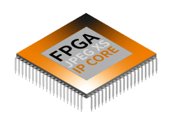 Microchip with orange top, topped by a gray square featuring 'FGPA JPEG XS IP CORE' text.