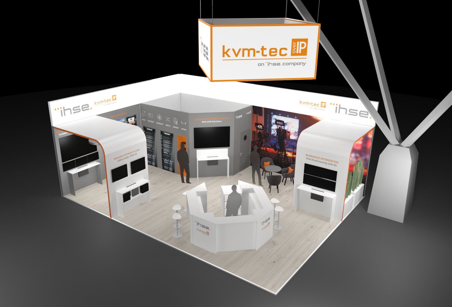 3D Visualization of the IHSE and kvm-tec booth at IBC 2024 at RAI Amsterdam in front of a black background, with a meeting and demo area, a white desk and chairs, multiple screens and a white lit up sign with the ihse and kvm-tec logo.