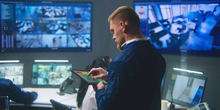 Technician using Tera Web Control on a tablet in a control room.