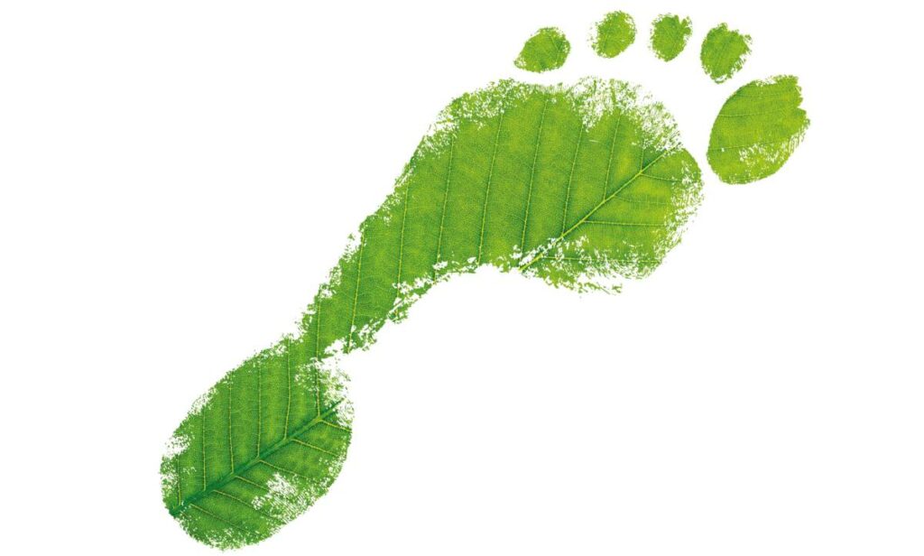A green footprint symbolizing the reduced energy consumption of KVM devices, leading to lower air conditioning needs and a significant reduction in carbon dioxide emissions - IHSE.
