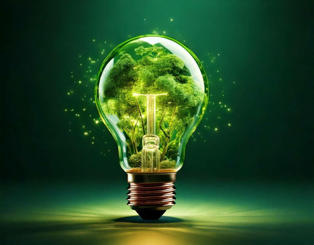 Green light bulb with a forest inside symbolizing smart and sustainable resource use - IHSE.
