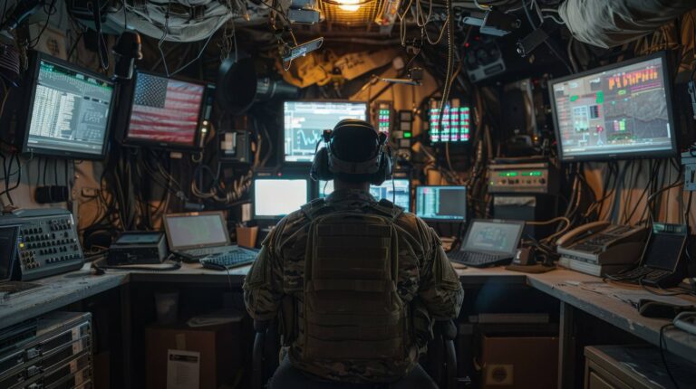 Back view of a soldier with tactical gear and headset operating in a mobile military communications center, surrounded by multiple surveillance monitors, data screens, and technical equipment