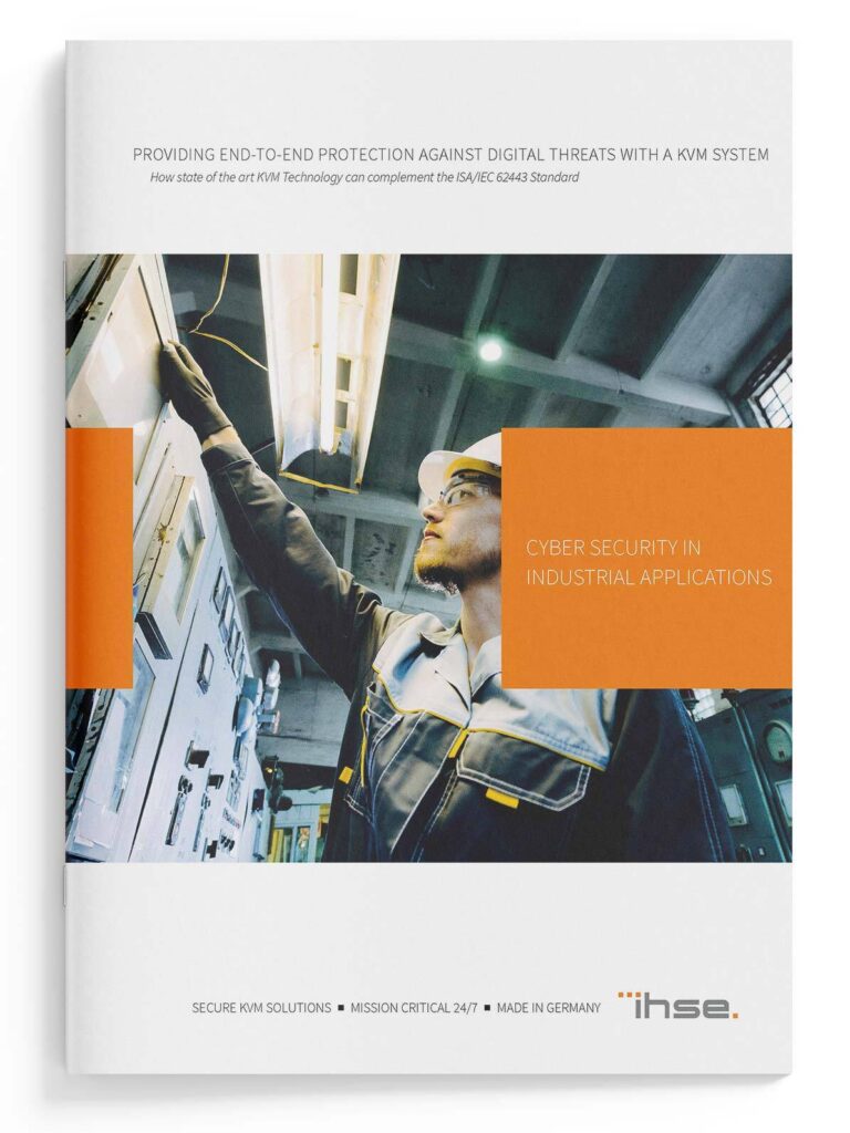 IHSE whitepaper cover on cyber security in industrial applications featuring secure KVM solutions.